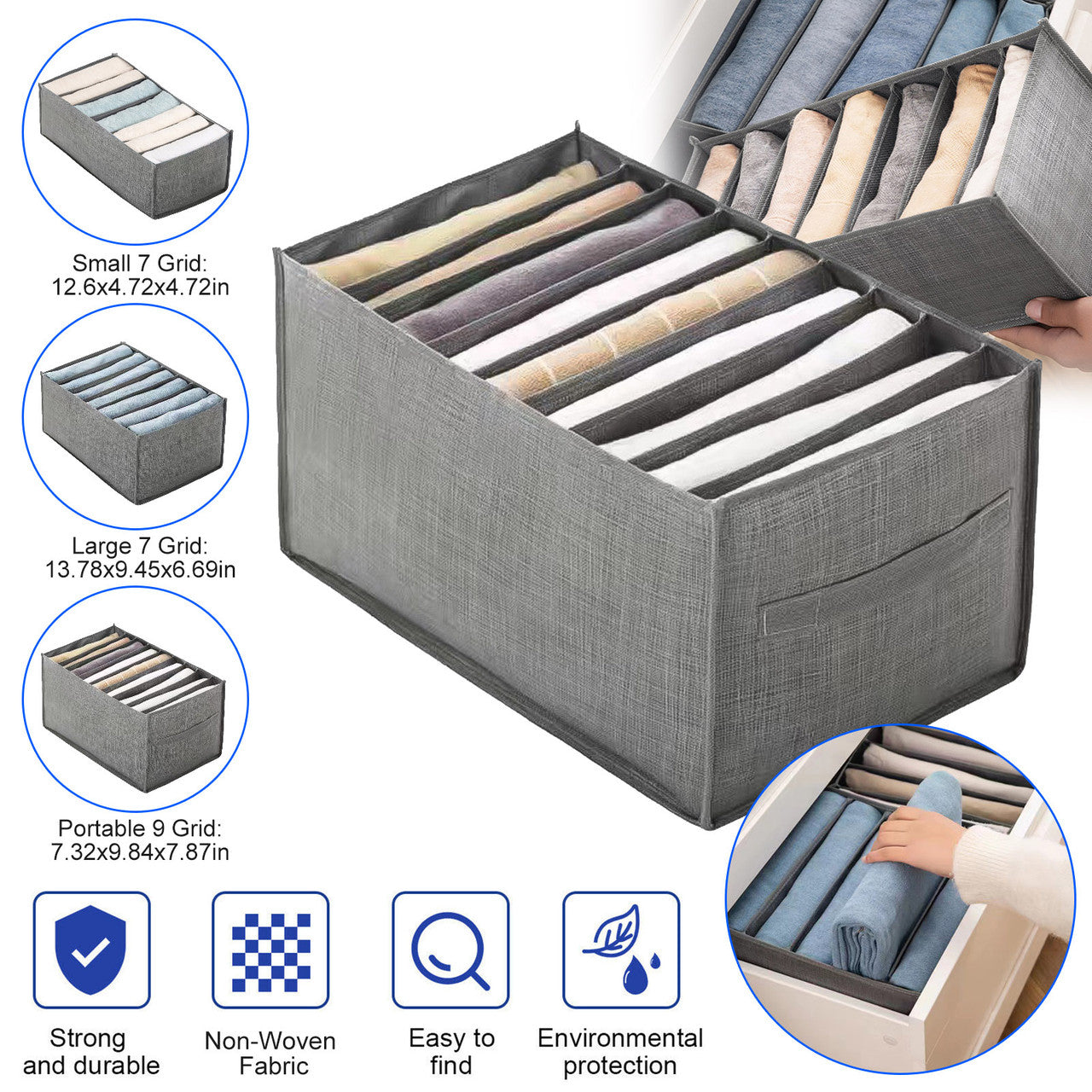7 Compartment Clothes Storage Organizer - 7 Grids Drawer Organizer Foldable Visible Jeans Storage Compartment Closet Storage Space (Gray)
