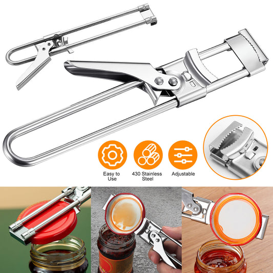 Universal Stainless Steel Adjustable Can Opener – with Rubber Gripper Pad Long Handheld Manual Bottle Opener Jar Lid Gripper for Any-Size Caps Kitchen Tool