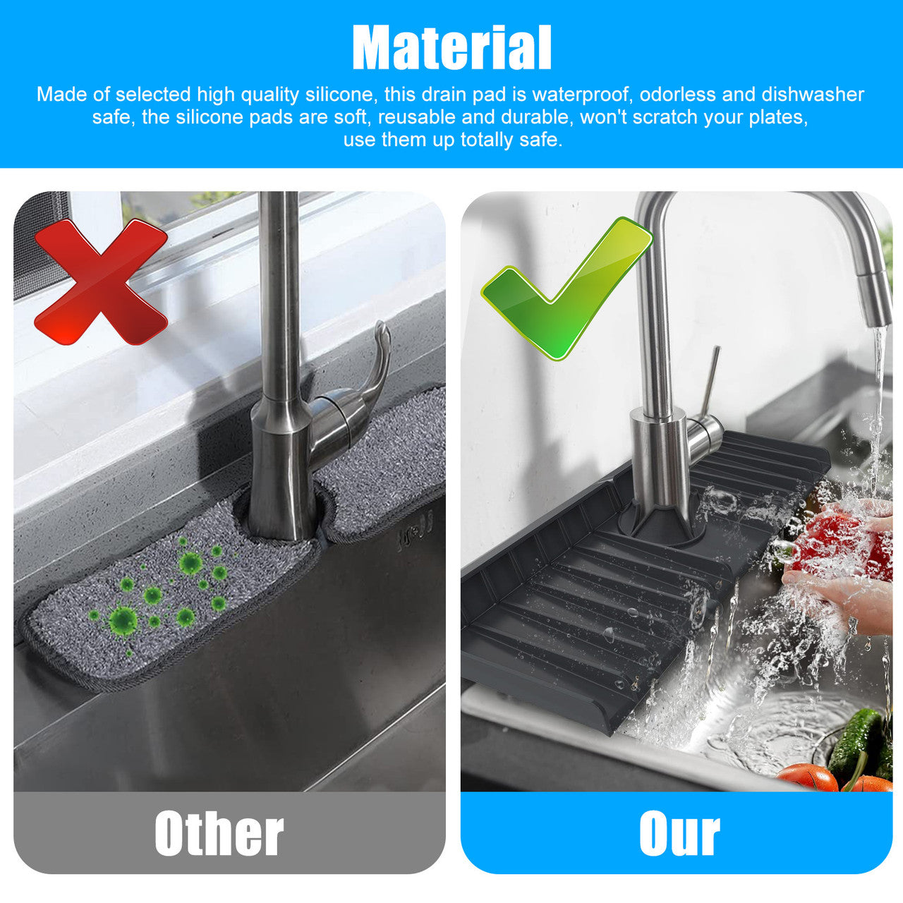 2nd Generation Silicone Faucet Drain Pad - Silicone Faucet Mat for Kitchen Faucet Drip Catcher Sink Faucet Mat Faucet Splash Guard (Black)