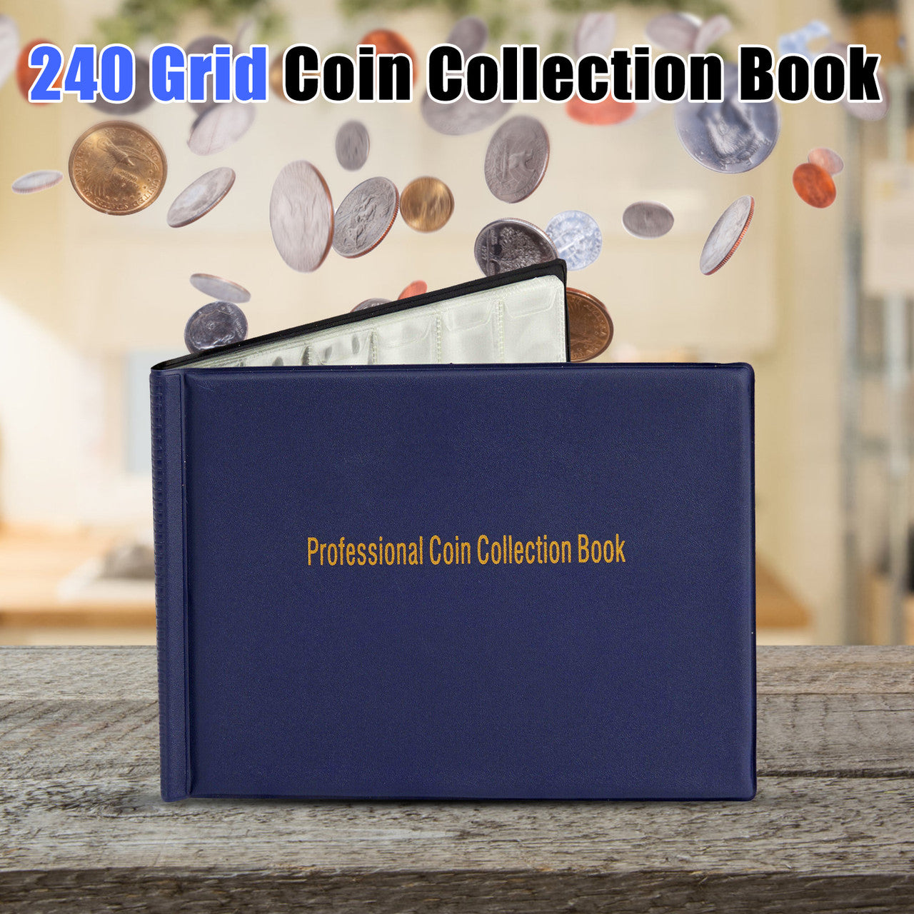 240 Pockets Coin Collection Book - Coin Grid Measures Approximately 1.26" X 1.18" Collectible Pennies, Quarters, Dimes and More (Dark Blue)