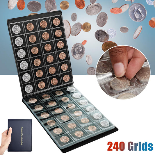 240 Pockets Coin Collection Book - Coin Grid Measures Approximately 1.26" X 1.18" Collectible Pennies, Quarters, Dimes and More (Dark Blue)