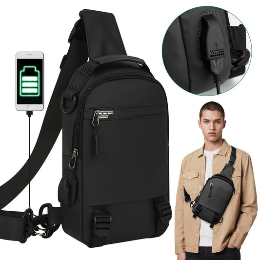 Crossbody Backpack Shoulder Bag - Adjustable shoulder strap for walking, gym, sport, hiking with USB Charger Port (Black)
