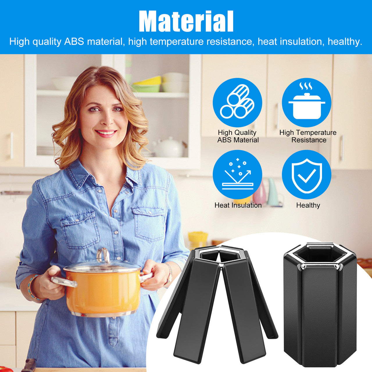 4 Pcs Foldable Pot Mat - Creative Foldable Trivet Mat Plastic Non Slip for Pots Pans Bowl Teapot Kitchen Accessories (Black)