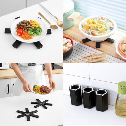 4 Pcs Foldable Pot Mat - Creative Foldable Trivet Mat Plastic Non Slip for Pots Pans Bowl Teapot Kitchen Accessories (Black)