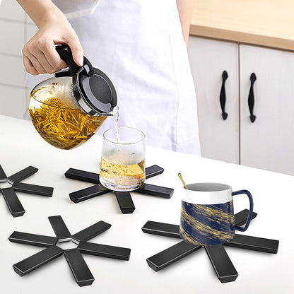 4 Pcs Foldable Pot Mat - Creative Foldable Trivet Mat Plastic Non Slip for Pots Pans Bowl Teapot Kitchen Accessories (Black)