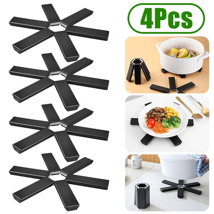 4 Pcs Foldable Pot Mat - Creative Foldable Trivet Mat Plastic Non Slip for Pots Pans Bowl Teapot Kitchen Accessories (Black)