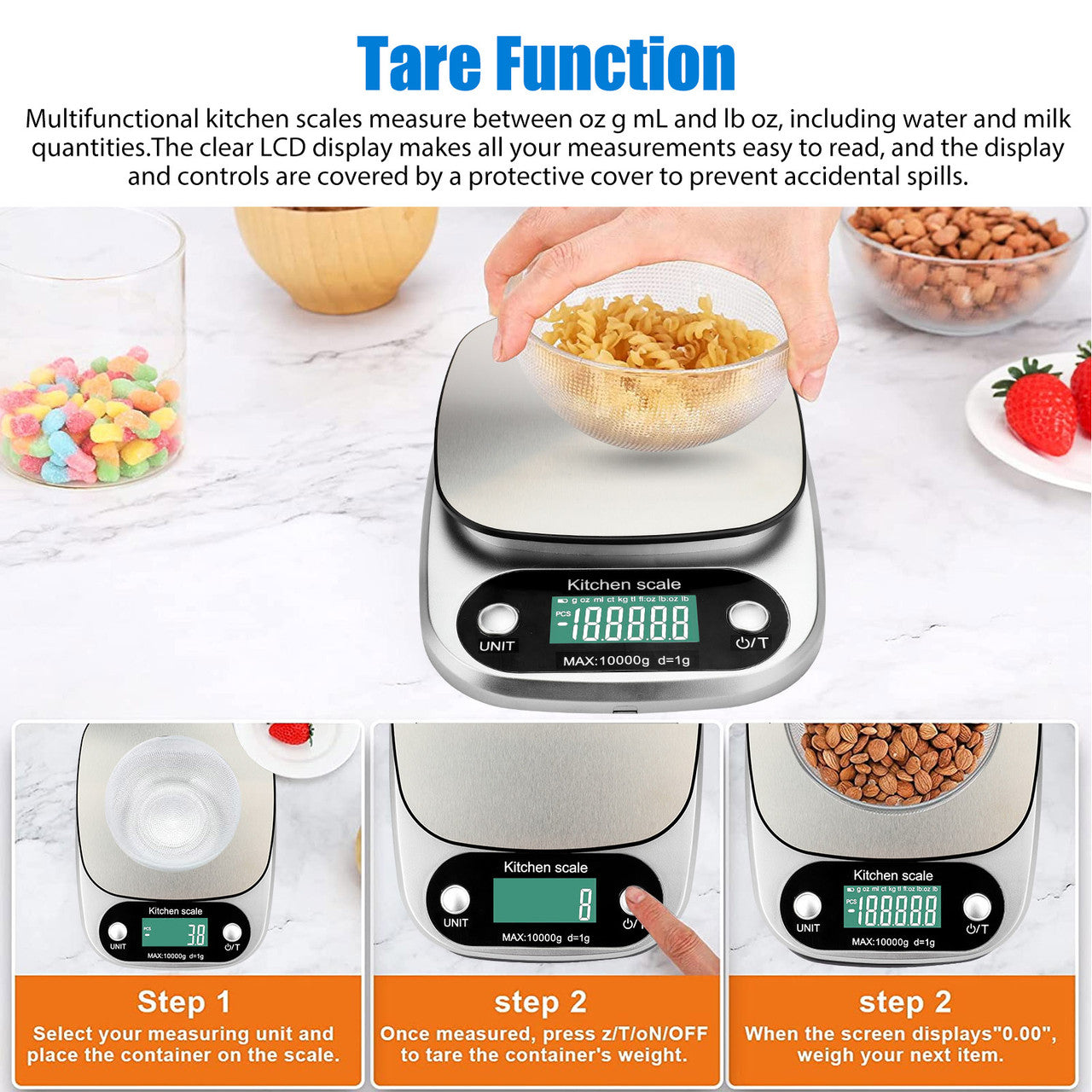 Food Kitchen Scale - Stainless Steel Digital Grams and Ounces LCD Display for Weight Loss, Baking, Cooking (Silver)