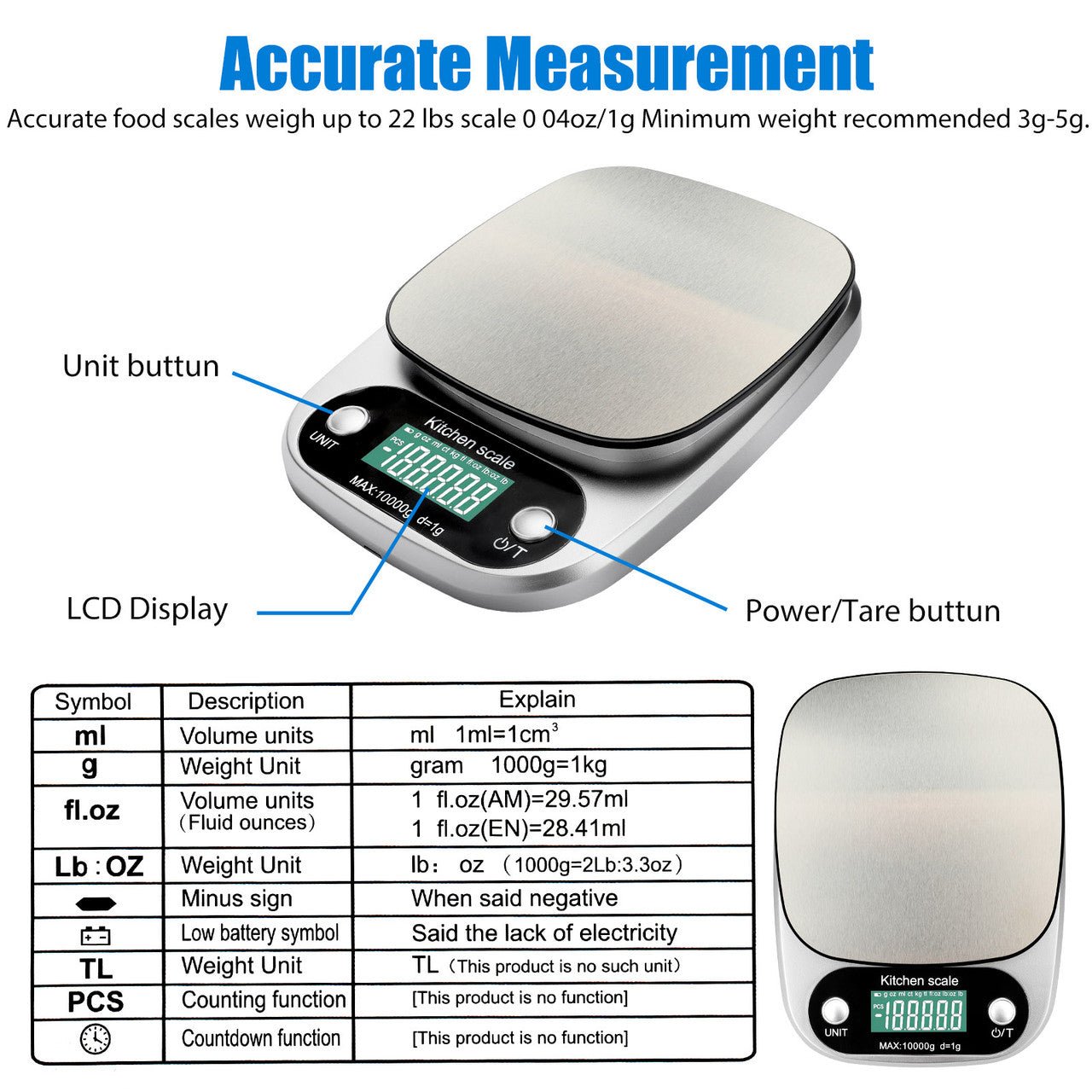 Food Kitchen Scale - Stainless Steel Digital Grams and Ounces LCD Display for Weight Loss, Baking, Cooking (Silver)