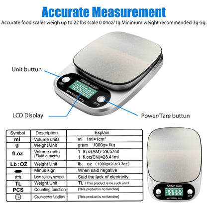 Food Kitchen Scale - Stainless Steel Digital Grams and Ounces LCD Display for Weight Loss, Baking, Cooking (Silver)