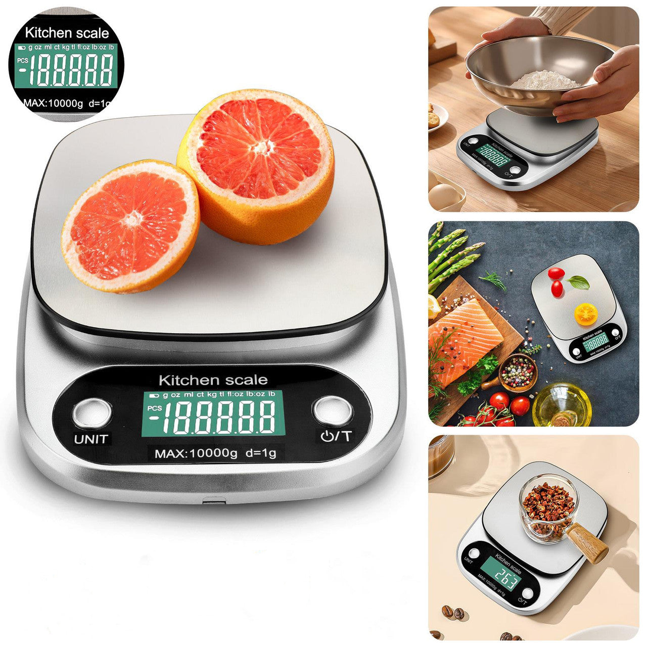 Food Kitchen Scale - Stainless Steel Digital Grams and Ounces LCD Display for Weight Loss, Baking, Cooking (Silver)