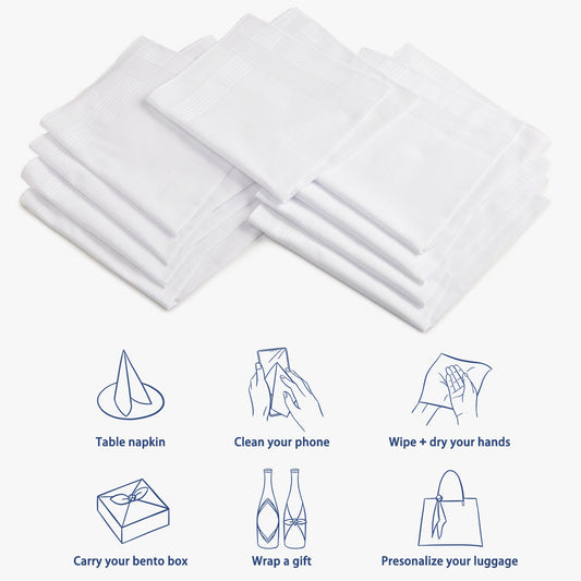 20 Pcs White Cotton Men Handkerchiefs - 100% Cotton White with Satin Border, 15" X 15"