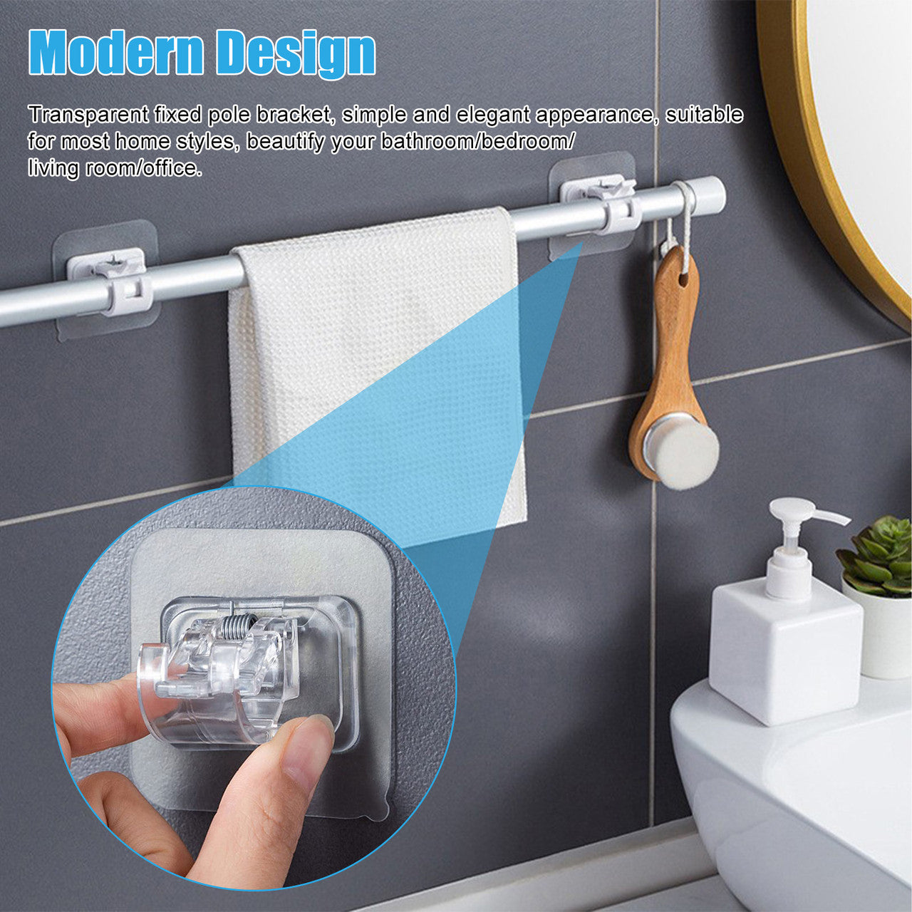 10 Packs Self Adhesive Nail Free Curtain Rod Wall Brackets Hooks - Fixings for Home Bathroom and Hotel Use (Transparent)