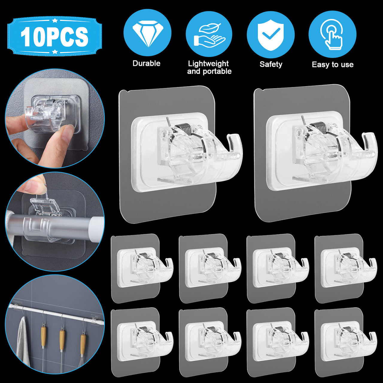 10 Packs Self Adhesive Nail Free Curtain Rod Wall Brackets Hooks - Fixings for Home Bathroom and Hotel Use (Transparent)