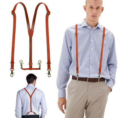 Adjustable Soft Leather Suspenders Y Design Suspenders - with 4 Metal Clips for Groomsmen Wedding Gift (Brown)