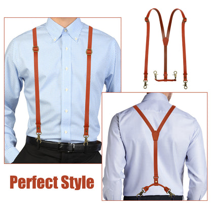 Adjustable Soft Leather Suspenders Y Design Suspenders - with 4 Metal Clips for Groomsmen Wedding Gift (Brown)