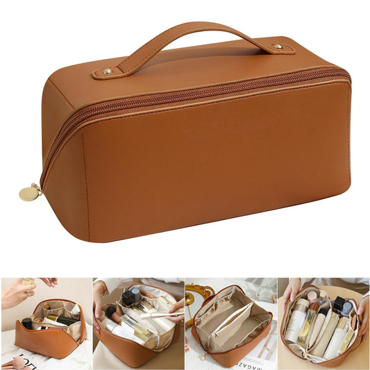 Large Capacity Organ Cosmetic Bag - PU Leather Multifunctional Storage Makeup Bag with Handle and Divider Travel Cosmetic Bags (Brown)