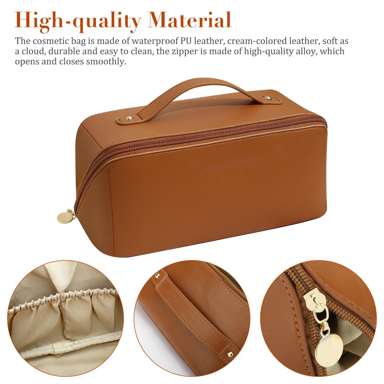 Large Capacity Organ Cosmetic Bag - PU Leather Multifunctional Storage Makeup Bag with Handle and Divider Travel Cosmetic Bags (Brown)