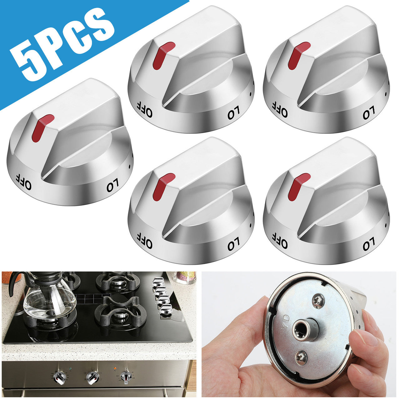 5 Packs Gas Stove Knob Switch -  DG64-00473A Compatible with Samsung Gas Range, Reinforced Stainless Steel Protection Power Ring (Silver)