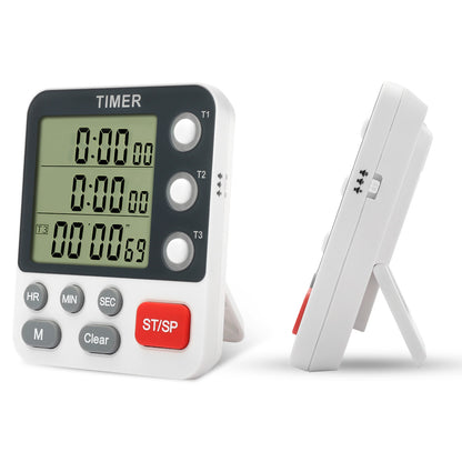 Digital Dual Kitchen Timer - Three Channel Kitchen Timer,Large Display, Loud Volume Alarm and Flashing Light with Magnetic Back (White)