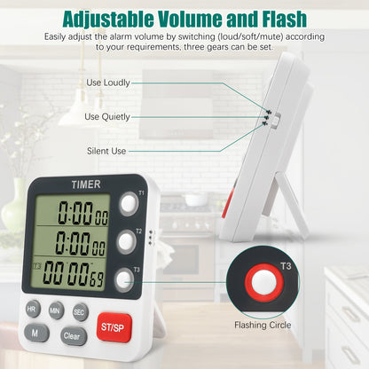 Digital Dual Kitchen Timer - Three Channel Kitchen Timer,Large Display, Loud Volume Alarm and Flashing Light with Magnetic Back (White)