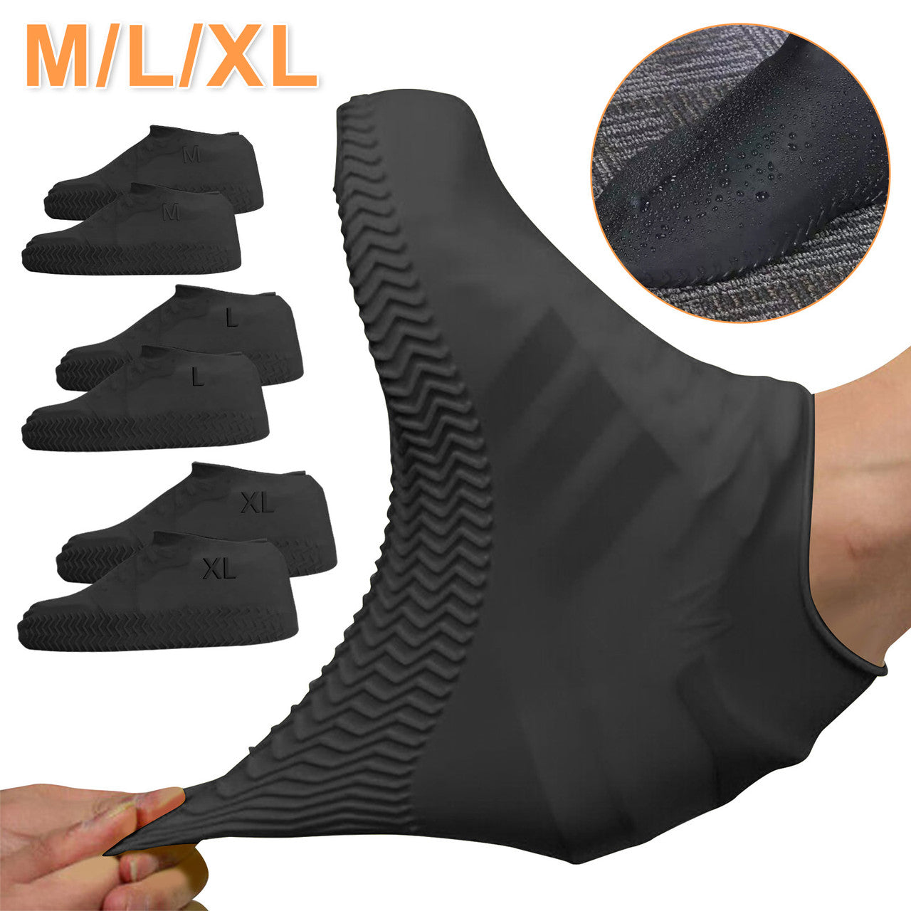 Waterproof Silicone Rain Shoe Cover - Non Slip,Water Resistant,Reusable,Stretchable,Foldable Size L (Black)