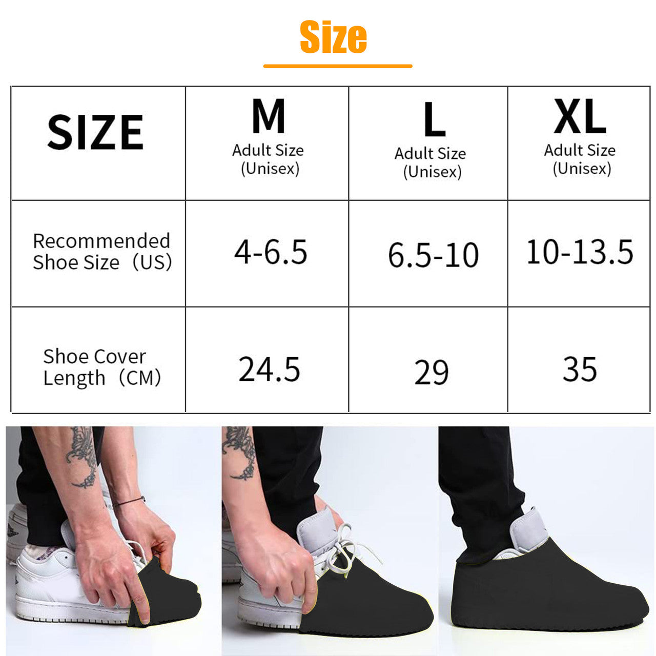 Waterproof Silicone Rain Shoe Cover - Non Slip,Water Resistant,Reusable,Stretchable,Foldable Size L (Black)