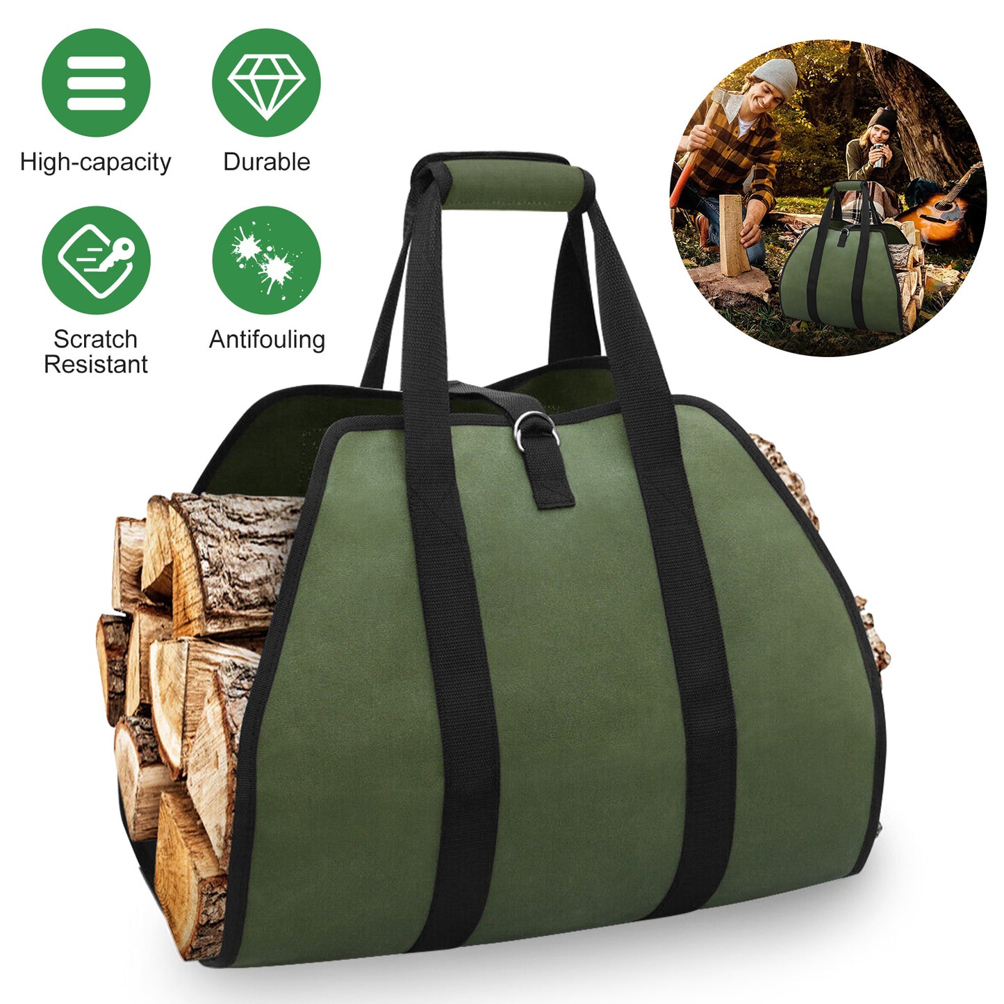 Canvas Firewood Log Carrier - Durable Tote for Stove and Fireplace Accessories (Green)