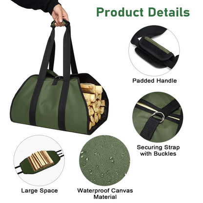 Canvas Firewood Log Carrier - Durable Tote for Stove and Fireplace Accessories (Green)