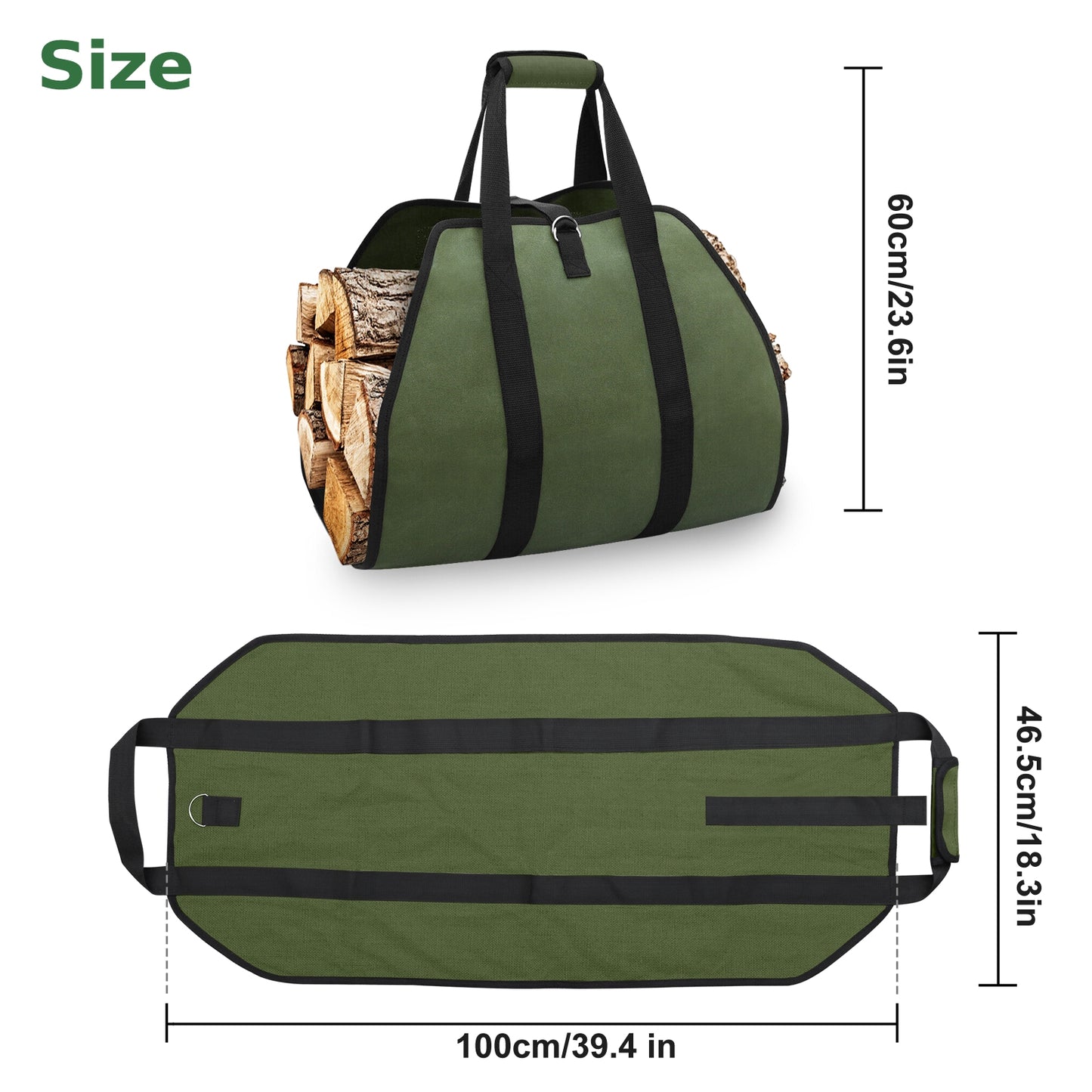 Canvas Firewood Log Carrier - Durable Tote for Stove and Fireplace Accessories (Green)