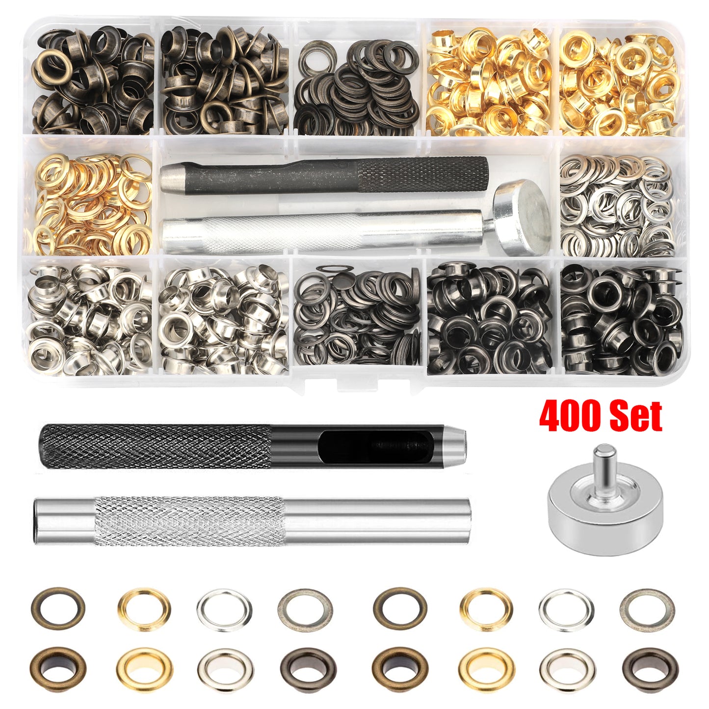 400 Piece 6mm Metal Grommet Kit. Eyelet kit with 4 colors