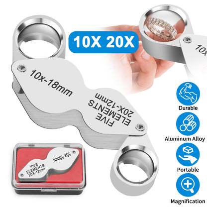 Folding Pocket Magnifier - Professional 10X 20X Jewelers Loupe with Real Glass Lens