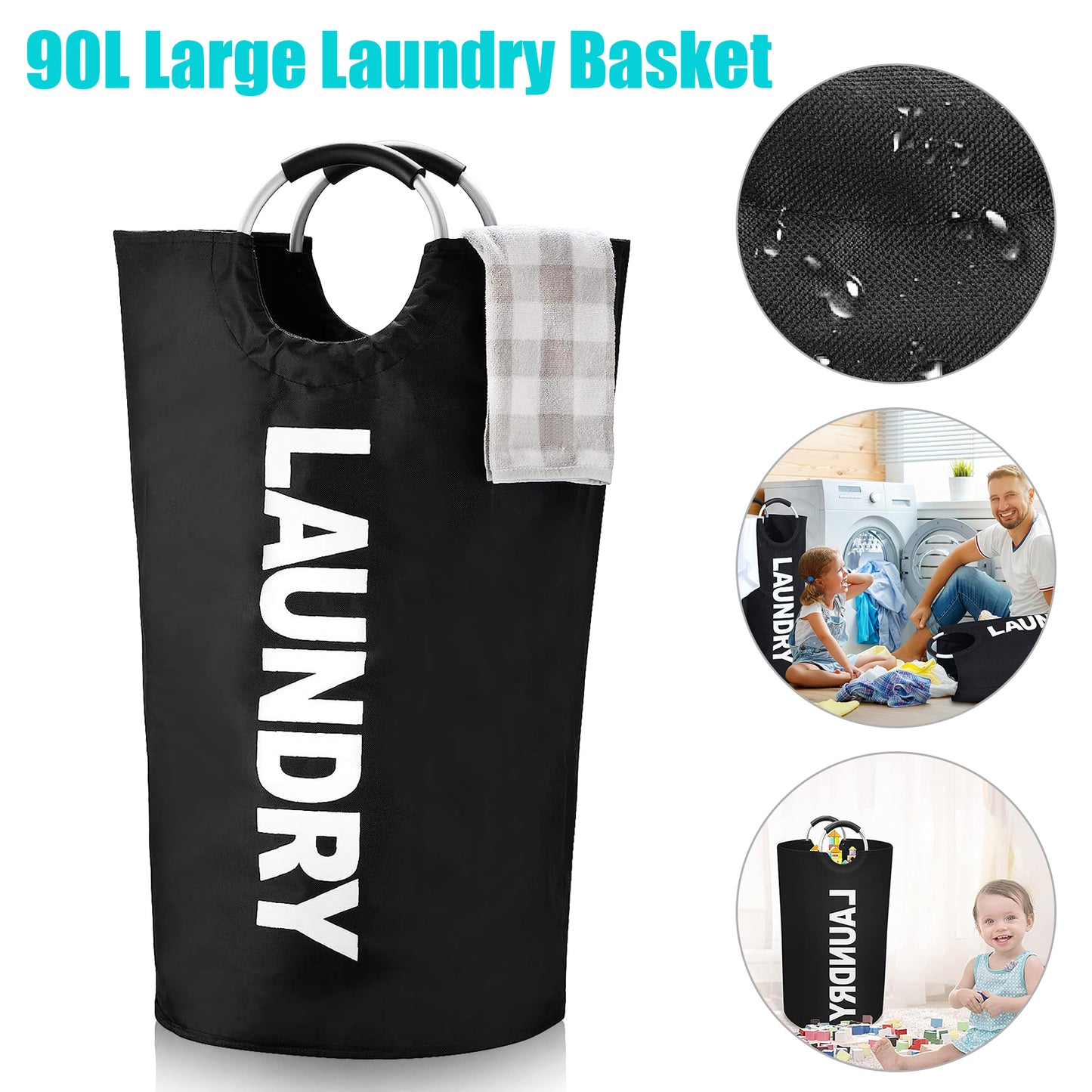 90L Large Laundry Basket - Collapsible Laundry Basket Laundry Hamper, Dirty Clothes Hamper, Waterproof Laundry Basket with Handles for Travel Family (BLACK)