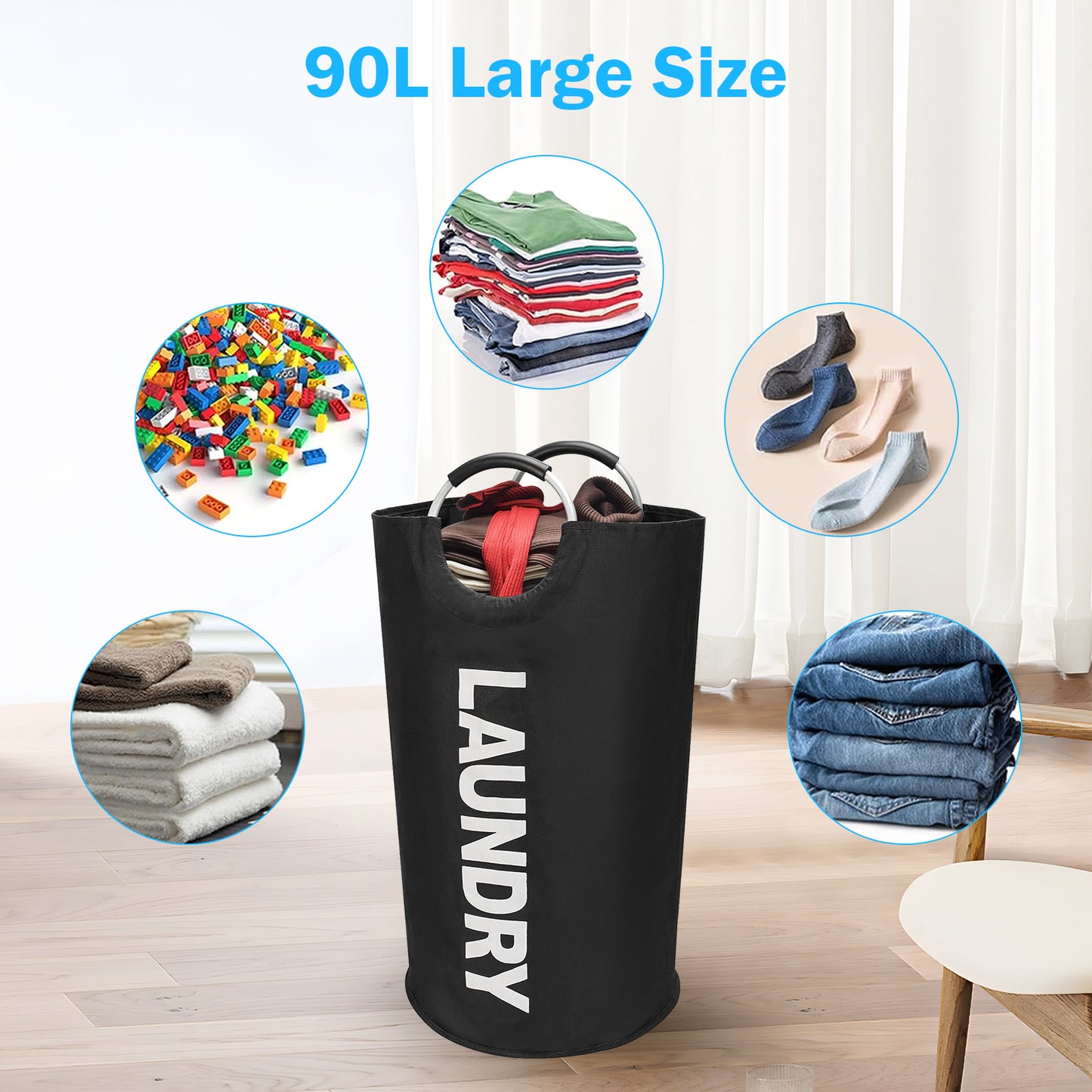 90L Large Laundry Basket - Collapsible Laundry Basket Laundry Hamper, Dirty Clothes Hamper, Waterproof Laundry Basket with Handles for Travel Family (BLACK)