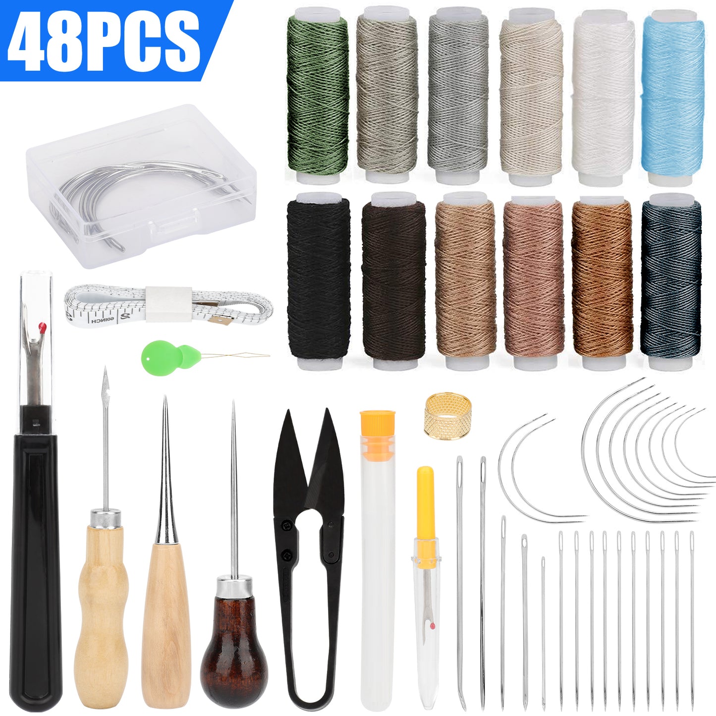 48pcs Leather Sewing Tools Kit - Needles, Thread, Awl Hand Tools for DIY Craft