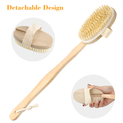 2Pcs Natural Wood Shower Bath Brush - Body Back Brush Bristles SPA Long Handle Scrub Massage Clean Bath Brush