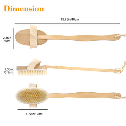 2Pcs Natural Wood Shower Bath Brush - Body Back Brush Bristles SPA Long Handle Scrub Massage Clean Bath Brush