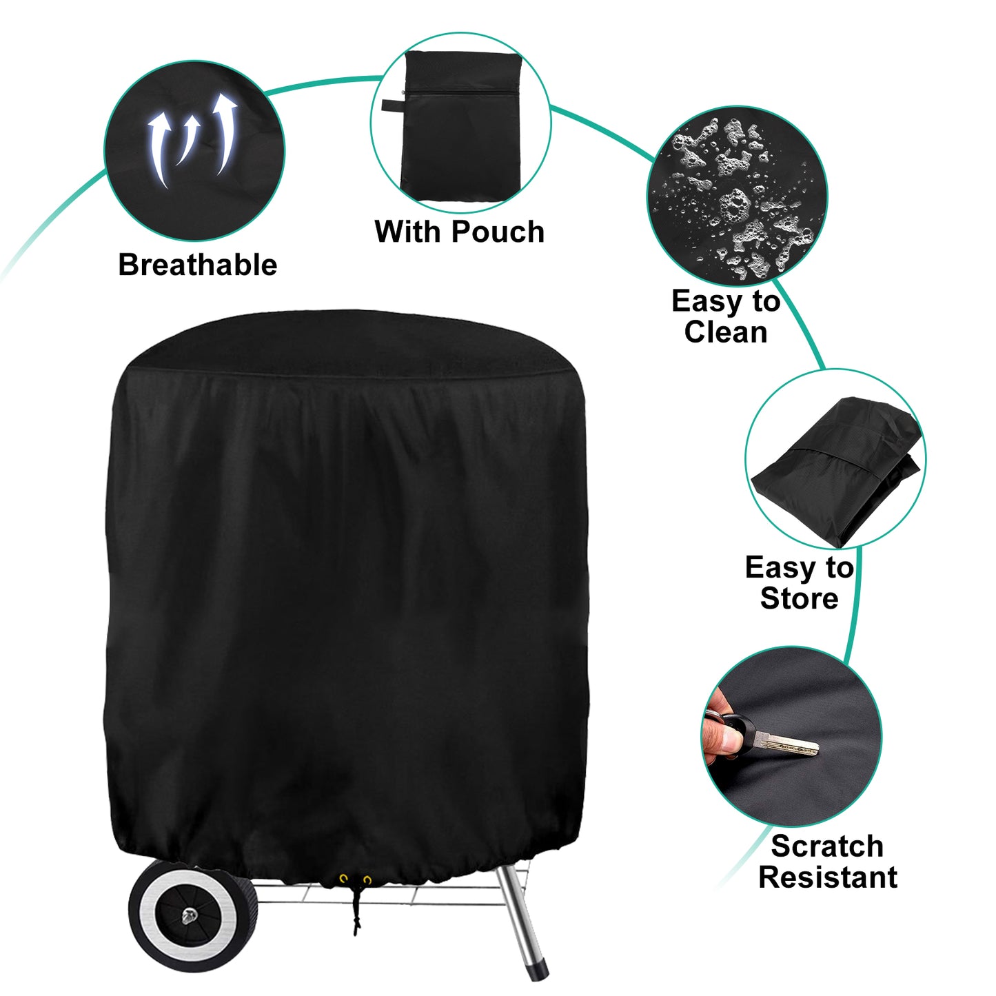 58cmx77cm Round Grill Cover - Waterproof, UV Resistant, Adjustable Cord Lock - All-Season Protection