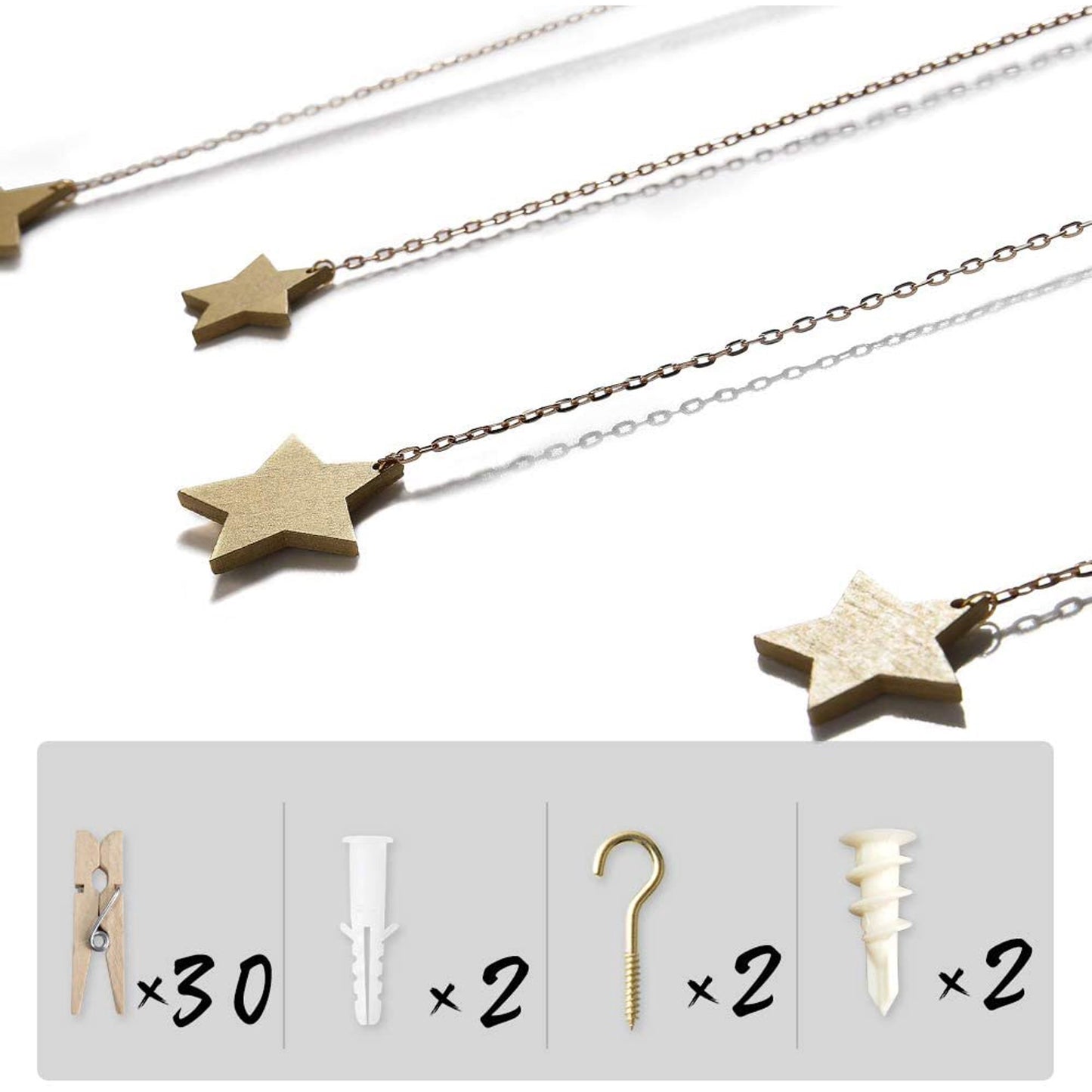 Photo Display Wood Stars Garland Chains for Dorm Decor ,Hanging Picture Frame Collage with 30 Wood Clips, Wall Art Decoration for Home Office Nursery Room Dorm Living Room Bedroom