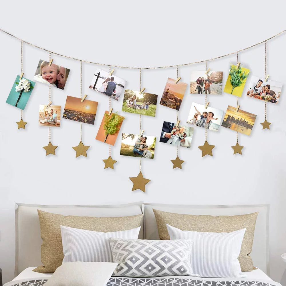 Photo Display Wood Stars Garland Chains for Dorm Decor ,Hanging Picture Frame Collage with 30 Wood Clips, Wall Art Decoration for Home Office Nursery Room Dorm Living Room Bedroom