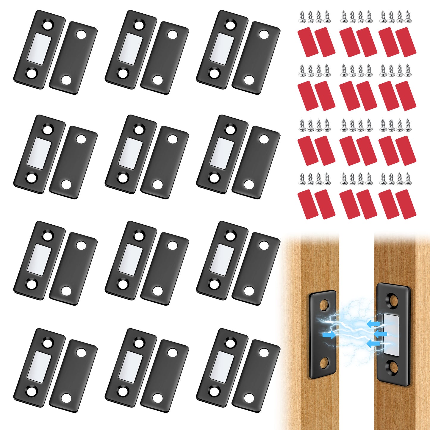 12pcs Ultra-Thin Magnetic Door Catch Set - Kitchen Cupboard Closet Closure - Strong Magnet, Adhesive Tape（ Black）