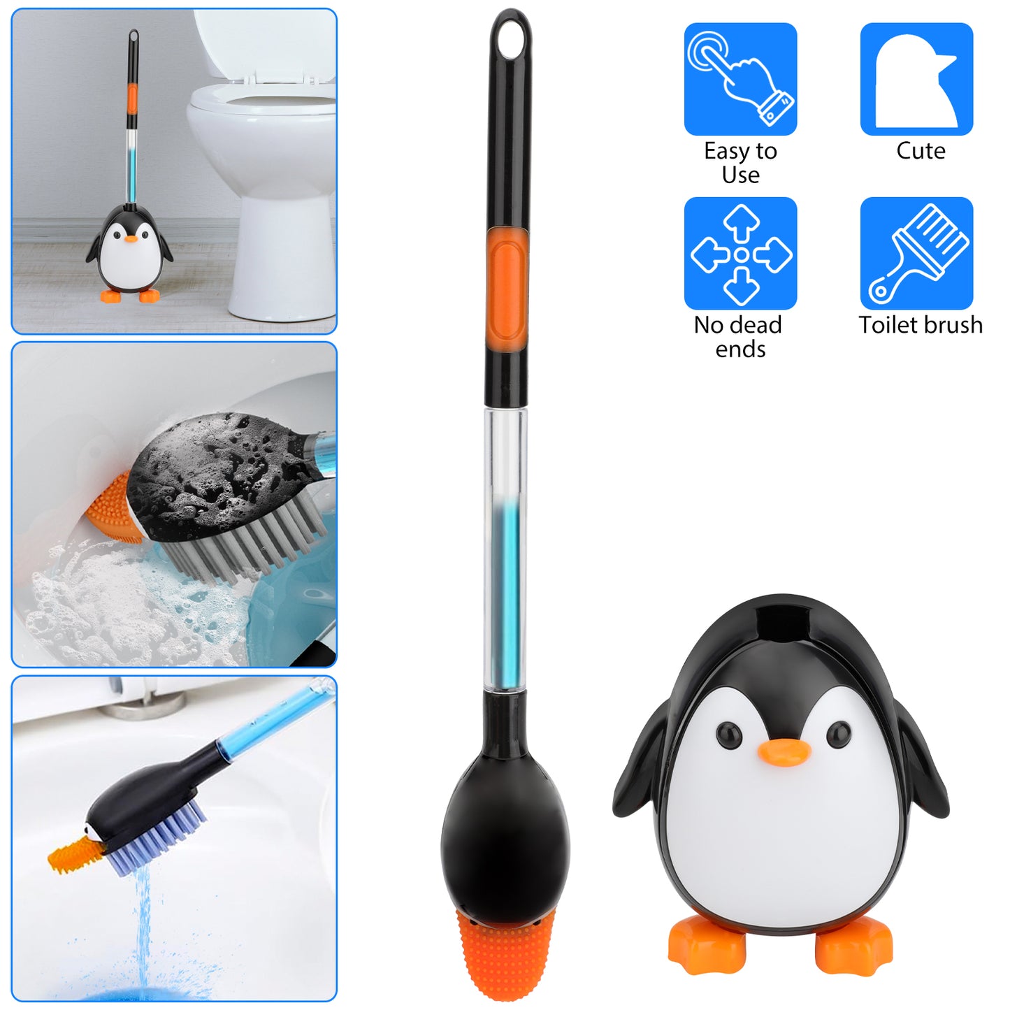 Cute Penguin Toilet Brush Holder Set - Cute Plastic Toilet Brush Household Cleaning Tool Brush