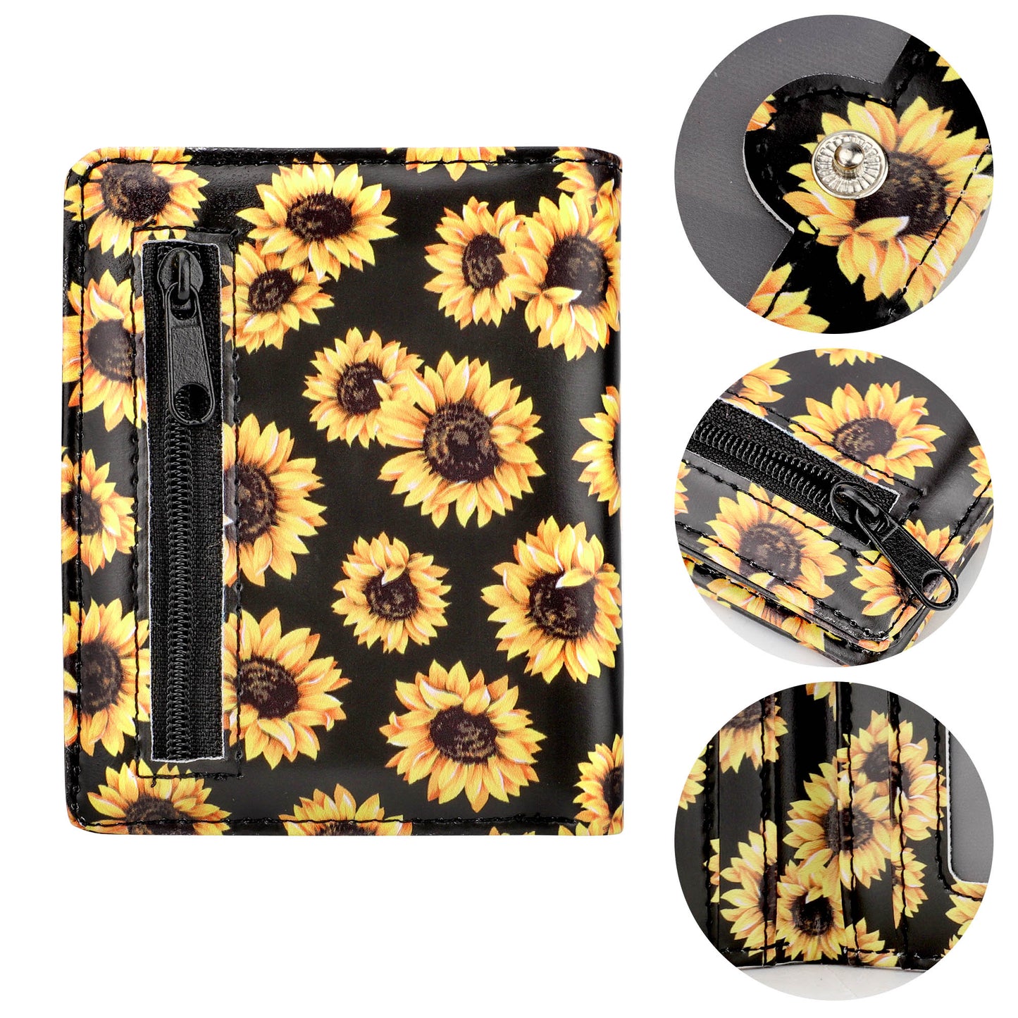 Small Leather Wallet - Bifold Button Closure, Compact and Stylish, Multiple Pockets for Cards and Currency, Sunflower Design