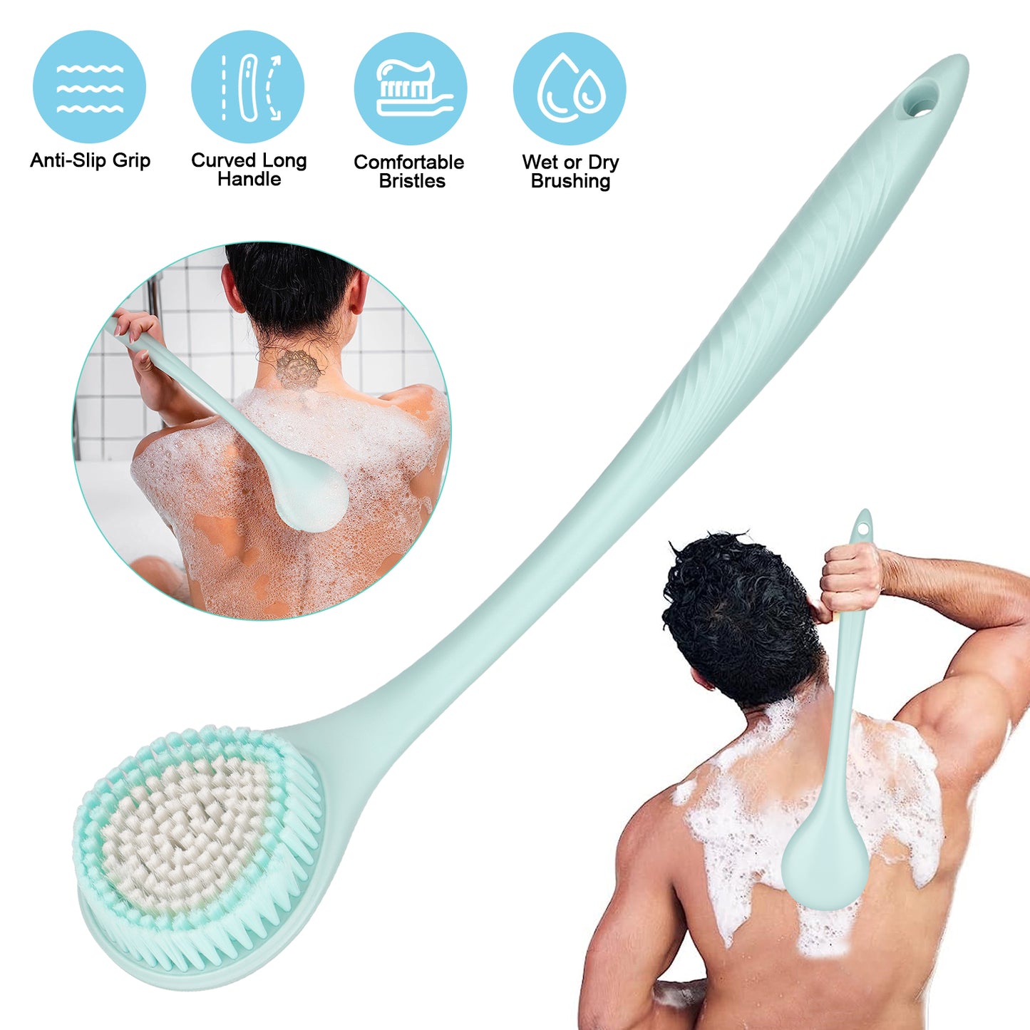 43cm Long Handle Back Bath Brush - Massage Cleaning Brush Multifunctional Detachable Back Body Bath Scrubber Easily Exfoliate Dry Skin (Blue)