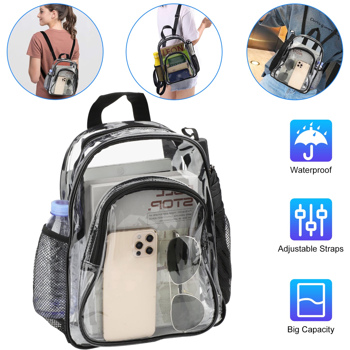 Fashion Clear PVC Backpack - 12x9.5x4 in Transparent Shoulder Handbag Waterproof School Bag (black)