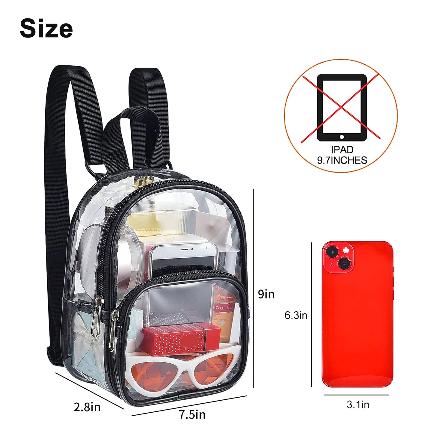 Fashion Mini Clear Backpack - 9x7.5x2.8 in Waterproof Small Clear Backpack for Security Travel Concert Sport Events(Black)