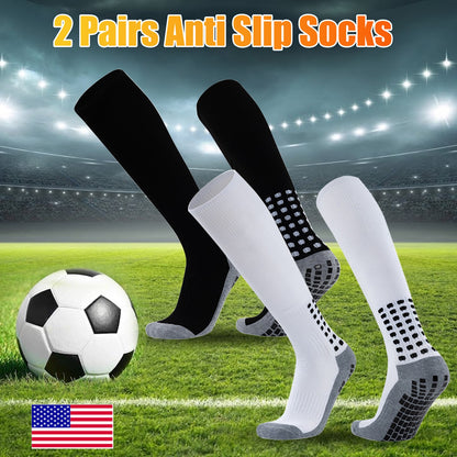 2Pcs New Sport Socks Anti Slip Sock - 42cm Men Women Football Socks Soccer Basketball Tennis Sport Socks Bicycle Running Sport Socks (black+white)