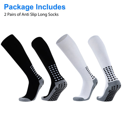 2Pcs New Sport Socks Anti Slip Sock - 42cm Men Women Football Socks Soccer Basketball Tennis Sport Socks Bicycle Running Sport Socks (black+white)