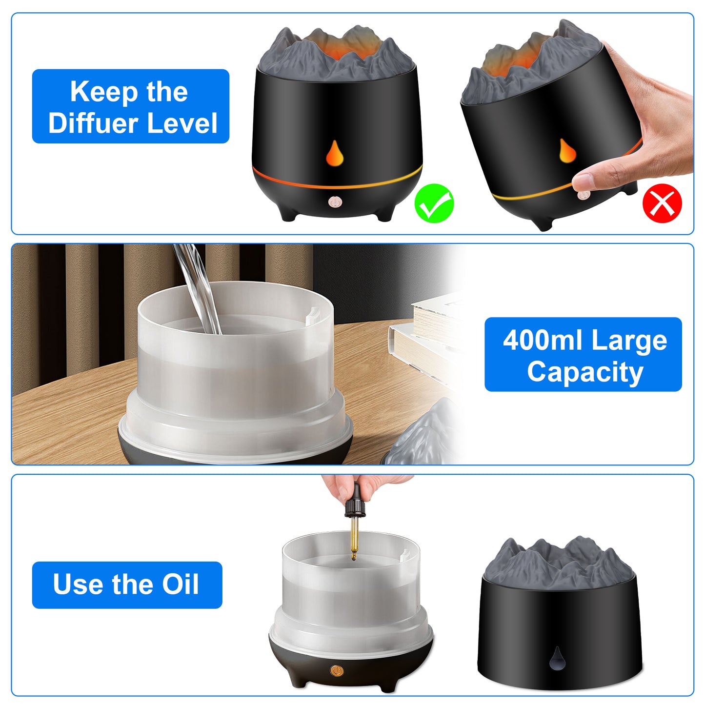 Simulated Volcano Aromatherapy Diffuser- Quiet Cool Mist for Bedroom & Office, Auto Shut Off - Enhance Air Quality with Aromatherapy Oil Diffuser - Perfect Gift & Night Light