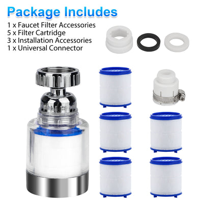 1 Faucet Water Filter and 5 Filter Cartridges - 360° rotatable anti-splash head,Water Filter Set for Hard Water Bath Filtration Purifier,for Kitchen Bathroom Washbasin Sink