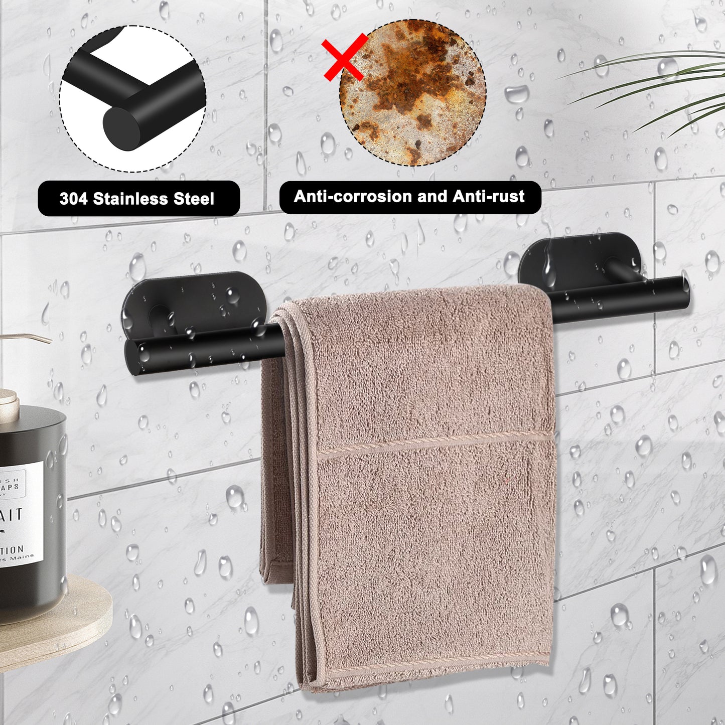 Adhesive Bathroom Shelf Set - Stainless Steel Bathroom Organizer with Towel Bar and Hook,Toilet Paper Holder Towel Bar Rack Bathroom Hardware Set (black)